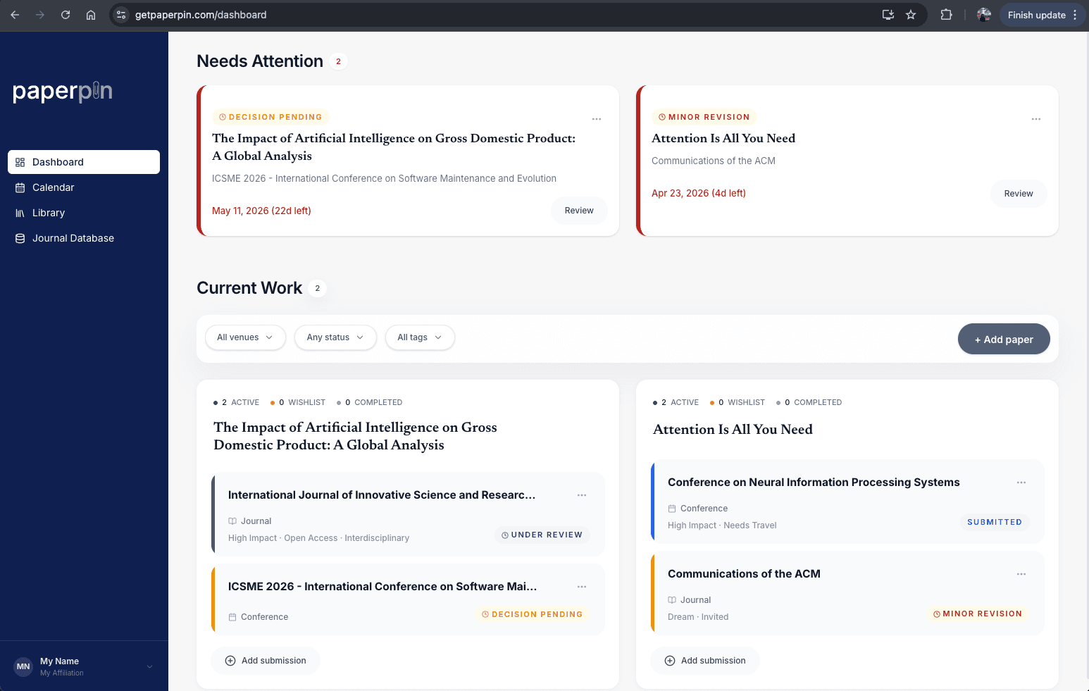 The Paperpin dashboard showing an automated manuscript tracking pipeline with journal deadlines and submission status cards.